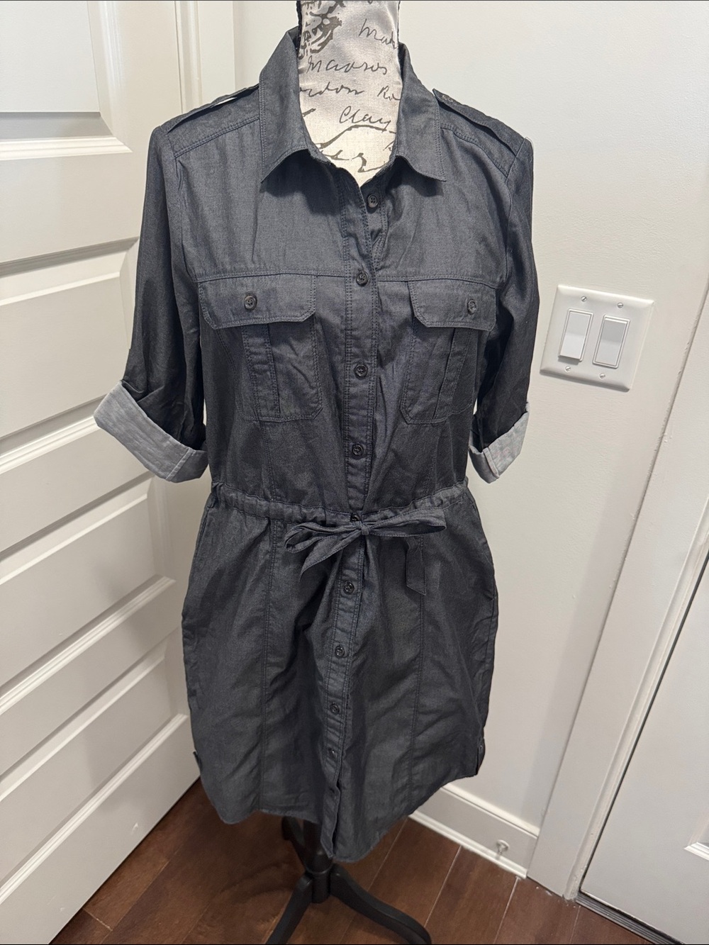 GAP Charcoal Button-Front Mini Dress with Waist Tie